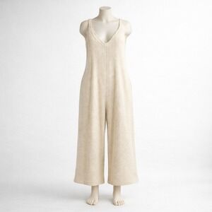 Myrah Penaloza Cream Waffle Knit Cotton Playsuit Wide Leg OS Pocket Boho Beach